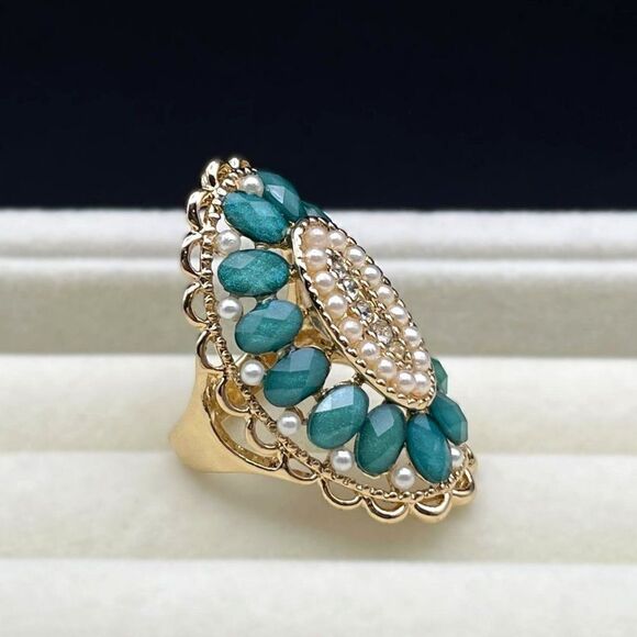 Yellow Gold with Diamond Crystal Pearl and Turquoise Gem Statement Ring Size 7 - Picture 3 of 8